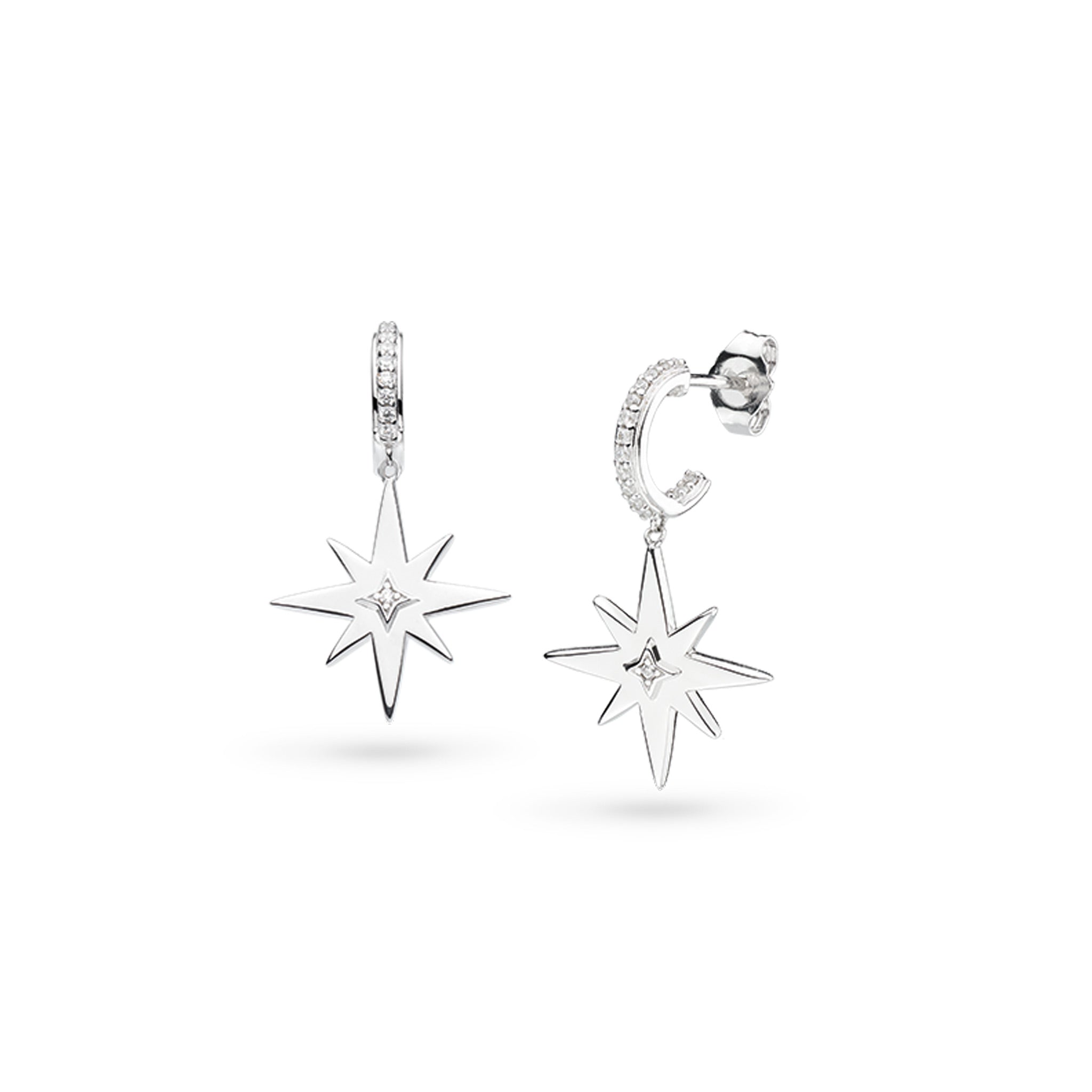 Kit Heath-Silver Celeste North Star Pave Cubic Zirconia Set Hoop Drop Earrings-Dipples Jewellers