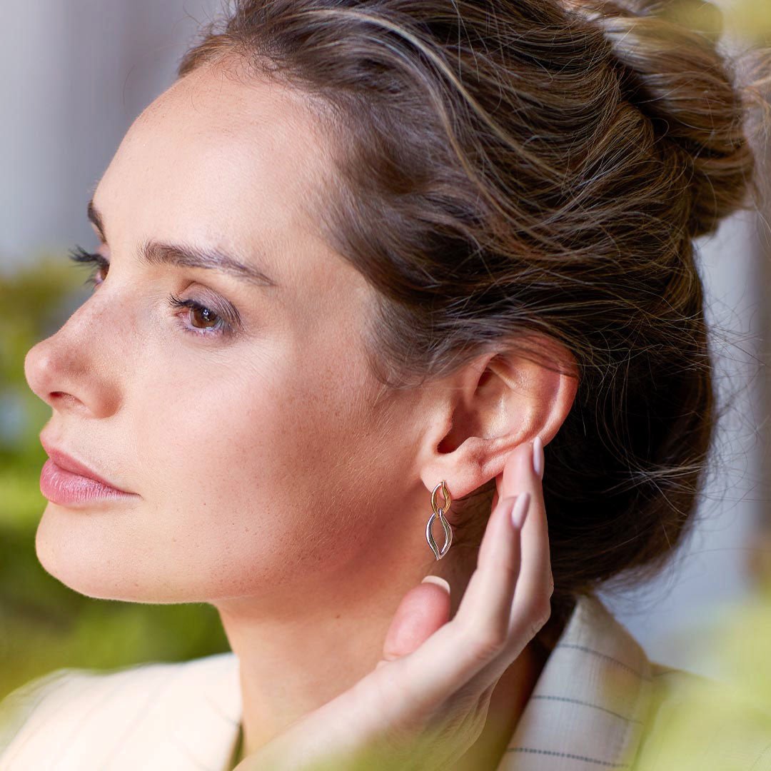 Kit Heath-Silver & Yellow Gold Plated Entwine Twine Link Golden Drop Earrings-Dipples Jewellers