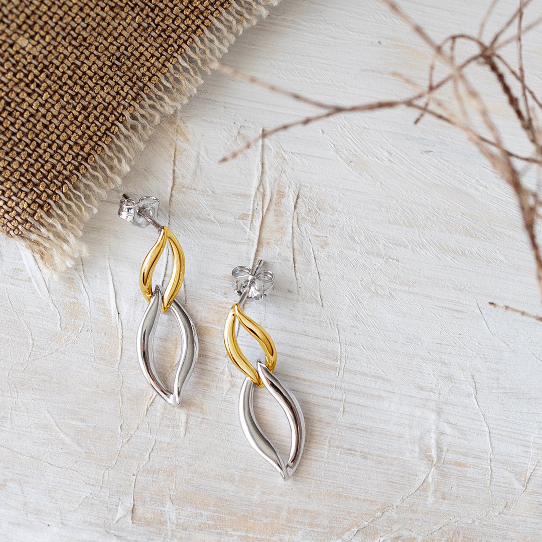 Kit Heath-Silver & Yellow Gold Plated Entwine Twine Link Golden Drop Earrings-Dipples Jewellers