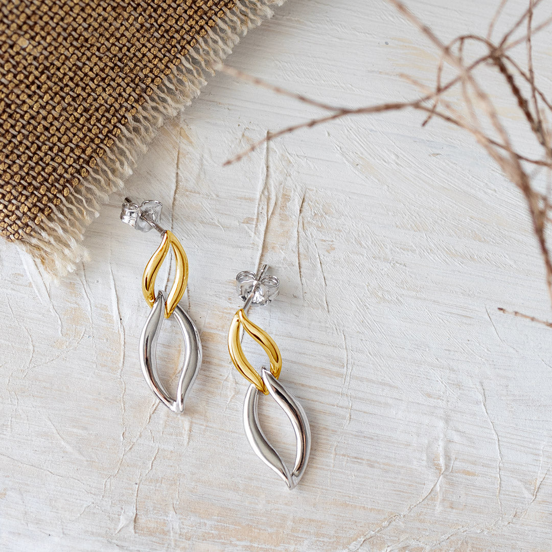 Kit Heath-Silver & Yellow Gold Plated Entwine Twine Link Golden Drop Earrings-Dipples Jewellers