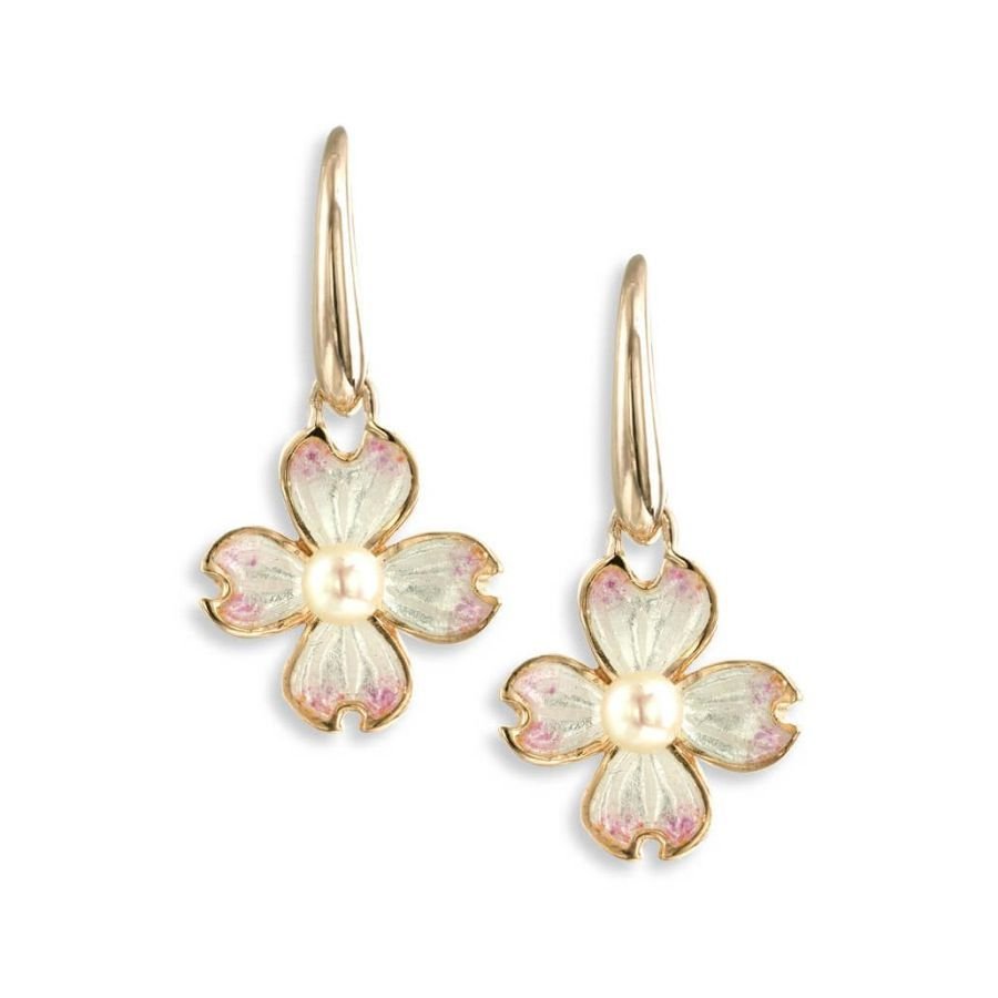 Nicole Barr-Rose Gold Plated Silver & Enamel Pearl Set Dogwood Drop Earrings-Dipples Jewellers