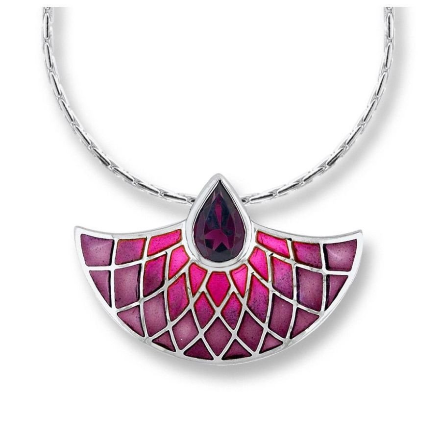 Nicole Barr-Silver & Enamel Rhodolite Set Pink Fan Pendant-Dipples Jewellers