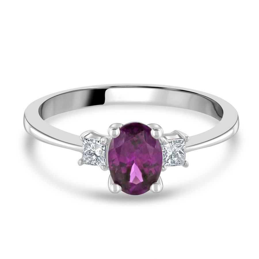 Tivon-18ct White Gold Oval Purple Garnet & Diamond Trilogy Ring-Dipples Jewellers