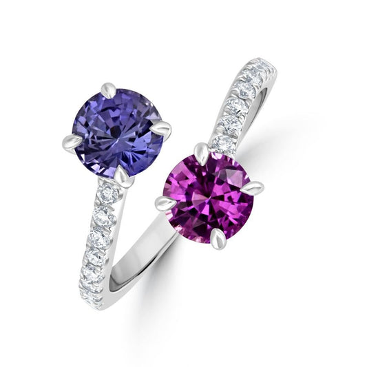 Tivon-18ct White Gold Pink & Purple Sapphire & Diamond Crossover Ring-Dipples Jewellers