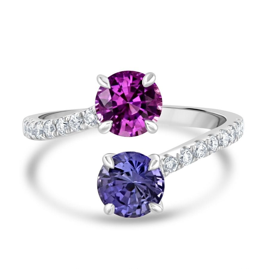Tivon-18ct White Gold Pink & Purple Sapphire & Diamond Crossover Ring-Dipples Jewellers