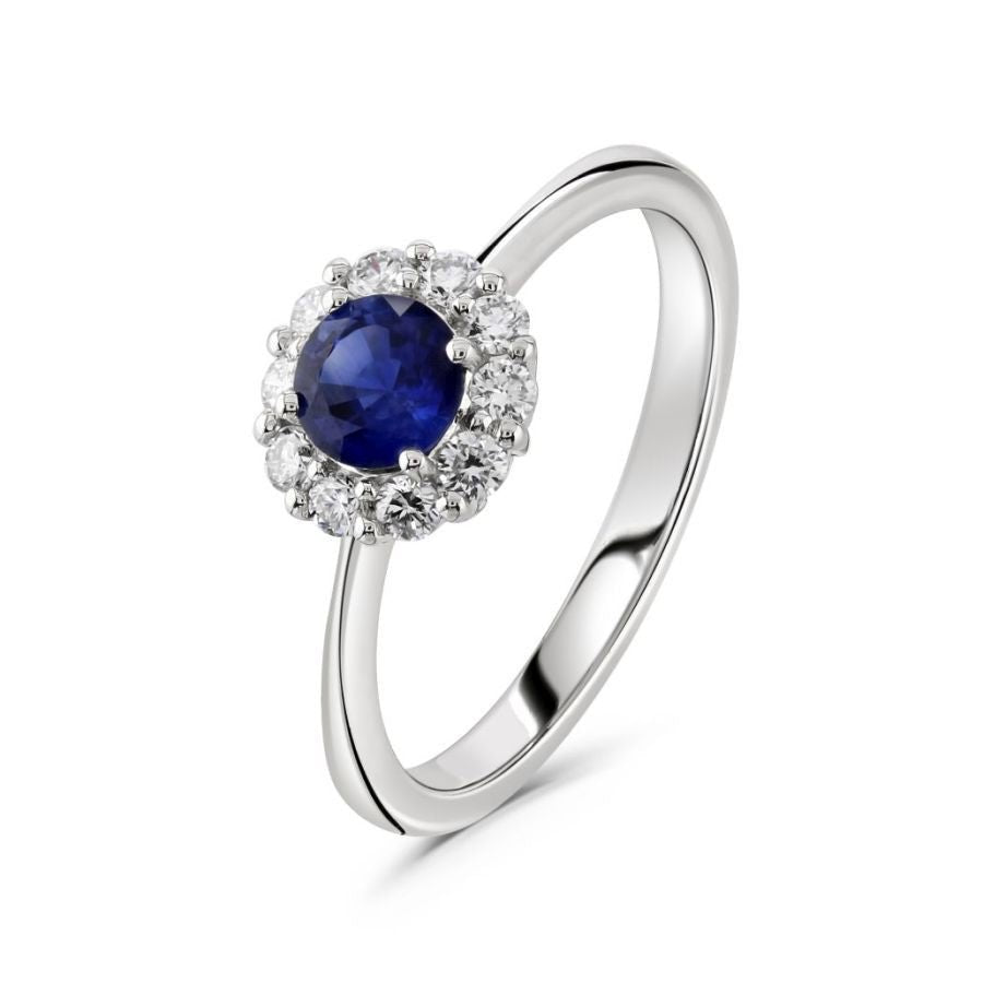 Tivon-18ct White Gold Round Cut Sapphire & Diamond Halo Cluster Ring-Dipples Jewellers