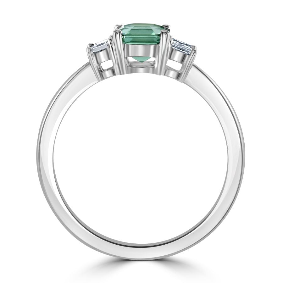 Tivon-Platinum Octagonal Blue-Green Tourmaline & Diamond Trilogy Ring-Dipples Jewellers
